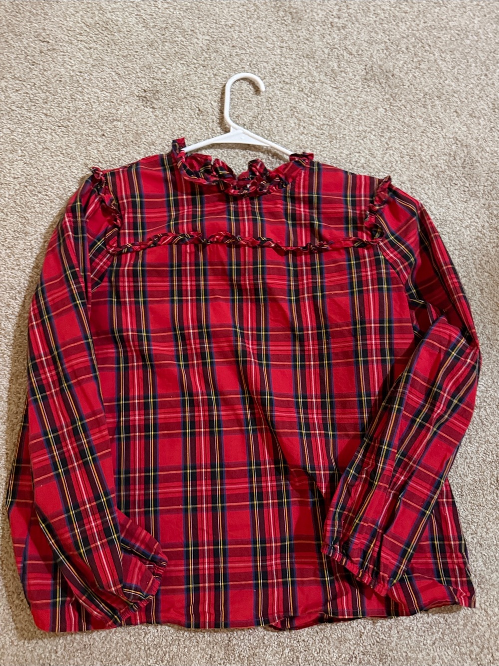 Women’s JCrew Plaid Ruffle-Trim Long Sleeve Top
